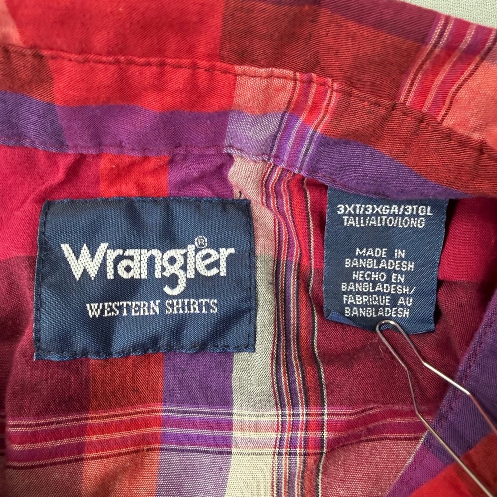 Wrangler Pearl Snap Shirt Mens 3XT Red Purple Plaid Short Sleeve Tall Western - Picture 5 of 5